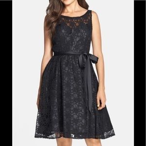 Belted Illusion Yoke Lace Fit Flare Black Dress 1X